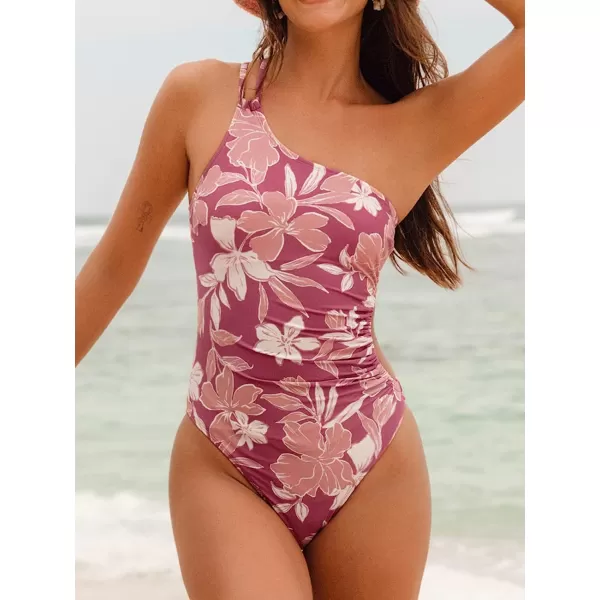 imageCUPSHE Womens One Piece Swimsuit One Shoulder Cutout Ruched Floral SwimwearPink and Floral