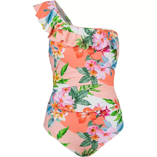 imageCUPSHE Womens One Piece Swimsuit One Shoulder Ruffle Bathing Suit Ruched Crisscross Back Tie Adjustable StrapsPeachy PinkFloral