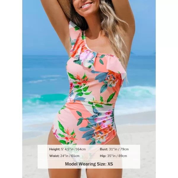 imageCUPSHE Womens One Piece Swimsuit One Shoulder Ruffle Bathing Suit Ruched Crisscross Back Tie Adjustable StrapsPeachy PinkFloral
