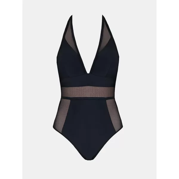 imageCUPSHE Womens One Piece Swimsuit Plunge Neck Mesh Halter Back Tie SwimwearBlack