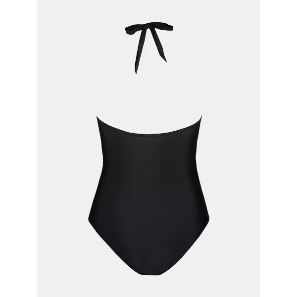 imageCUPSHE Womens One Piece Swimsuit Plunge Neck Mesh Halter Back Tie SwimwearBlack