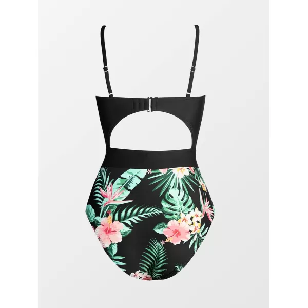imageCUPSHE Womens One Piece Swimsuit Plunge Neckline Cutout Criss Cross Bathing SuitBlack Tropical Print