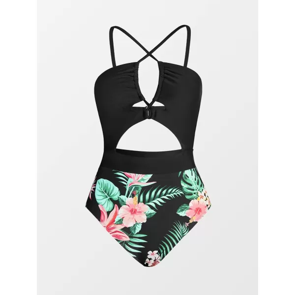 imageCUPSHE Womens One Piece Swimsuit Plunge Neckline Cutout Criss Cross Bathing SuitBlack Tropical Print