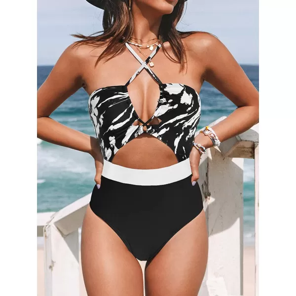 imageCUPSHE Womens One Piece Swimsuit Plunge Neckline Cutout Criss Cross Bathing SuitBlack White Abstract Print