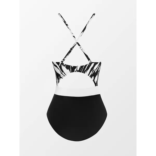 imageCUPSHE Womens One Piece Swimsuit Plunge Neckline Cutout Criss Cross Bathing SuitBlack White Abstract Print