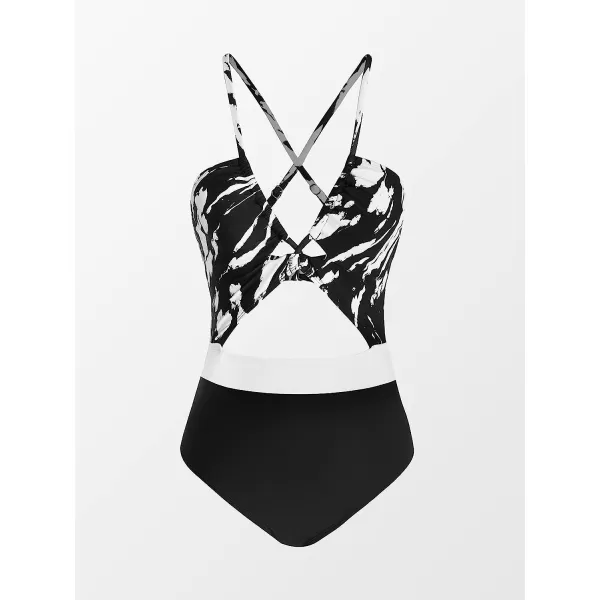 imageCUPSHE Womens One Piece Swimsuit Plunge Neckline Cutout Criss Cross Bathing SuitBlack White Abstract Print