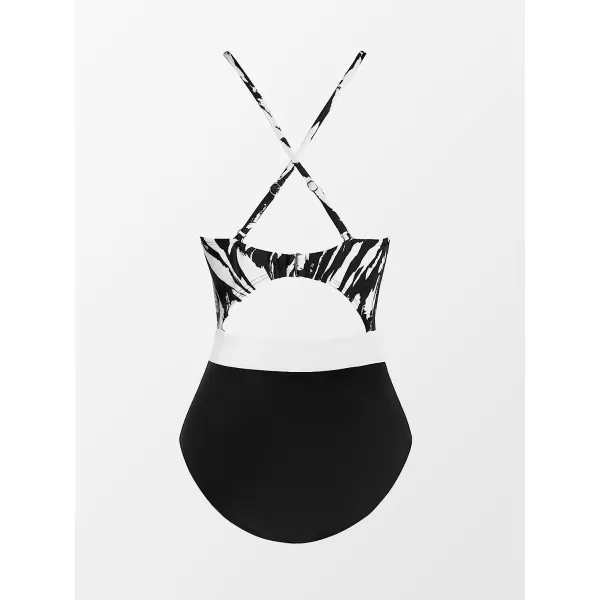 imageCUPSHE Womens One Piece Swimsuit Plunge Neckline Cutout Criss Cross Bathing SuitBlack White Abstract Print