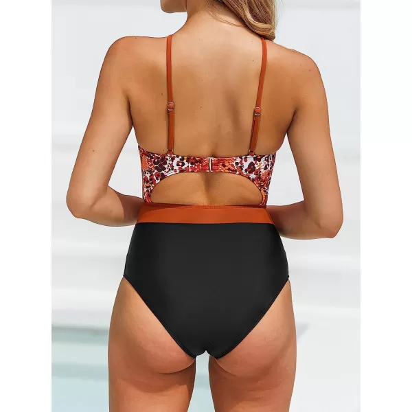 imageCUPSHE Womens One Piece Swimsuit Plunge Neckline Cutout Criss Cross Bathing SuitBlack amp Animal Print