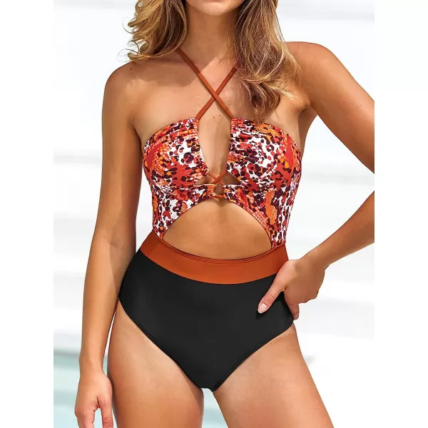 imageCUPSHE Womens One Piece Swimsuit Plunge Neckline Cutout Criss Cross Bathing SuitBlack amp Animal Print