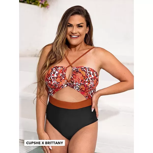imageCUPSHE Womens One Piece Swimsuit Plunge Neckline Cutout Criss Cross Bathing SuitBlack amp Animal Print