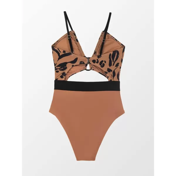 imageCUPSHE Womens One Piece Swimsuit Plunge Neckline Cutout Criss Cross Bathing SuitBrown