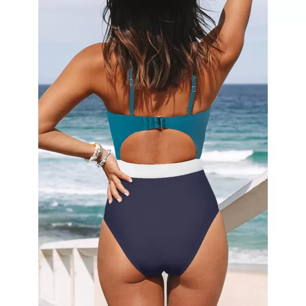 imageCUPSHE Womens One Piece Swimsuit Plunge Neckline Cutout Criss Cross Bathing SuitCyanWhiteNavy