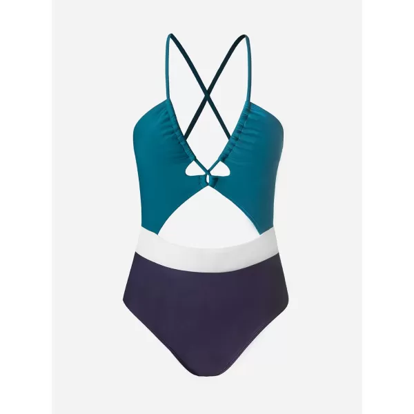 imageCUPSHE Womens One Piece Swimsuit Plunge Neckline Cutout Criss Cross Bathing SuitCyanWhiteNavy