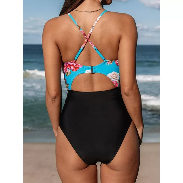 imageCUPSHE Womens One Piece Swimsuit Plunge Neckline Cutout Criss Cross Bathing SuitMulticolor