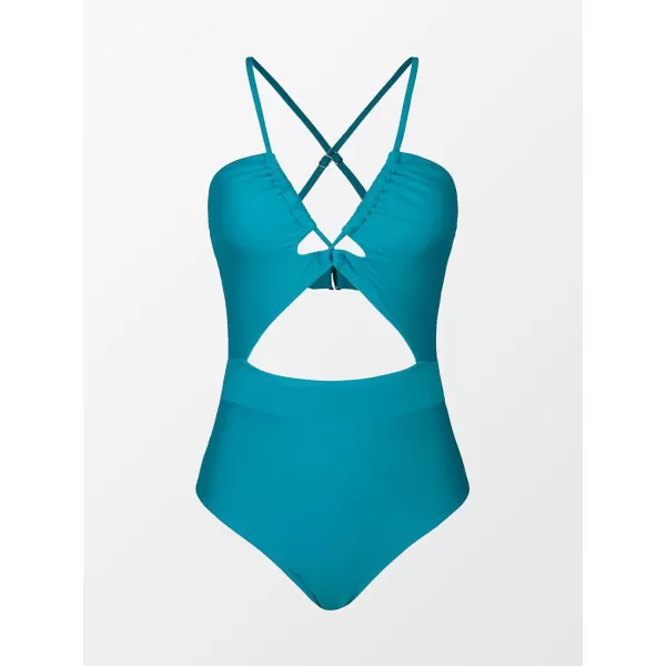 imageCUPSHE Womens One Piece Swimsuit Plunge Neckline Cutout Criss Cross Bathing SuitTeal Blue