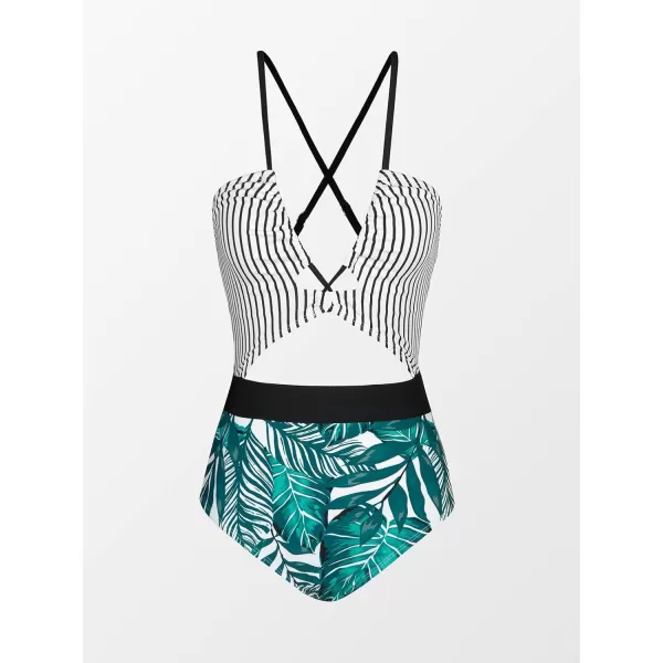 imageCUPSHE Womens One Piece Swimsuit Plunge Neckline Cutout Criss Cross Bathing SuitVertical Stripes