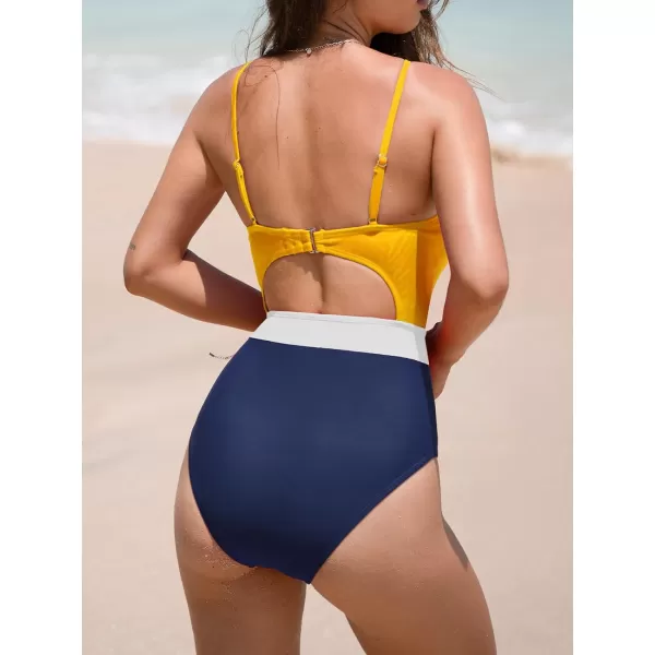 imageCUPSHE Womens One Piece Swimsuit Plunge Neckline Cutout Criss Cross Bathing SuitYellowNavy Blue