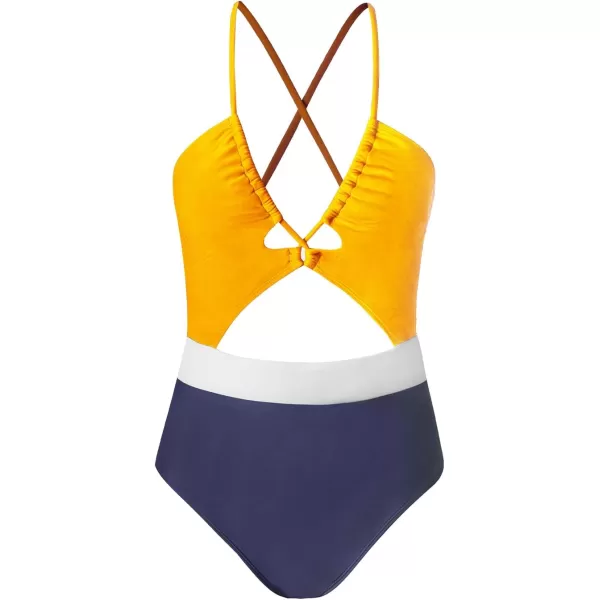 imageCUPSHE Womens One Piece Swimsuit Plunge Neckline Cutout Criss Cross Bathing SuitYellowNavy Blue