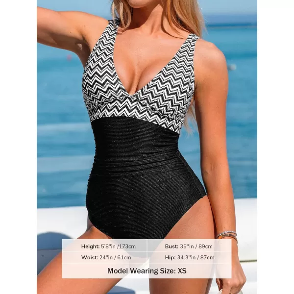 imageCUPSHE Womens One Piece Swimsuit Plunging Neck Bathing Suit Tummy Control Textured Back HookBlackGeometric