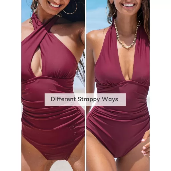 imageCUPSHE Womens One Piece Swimsuit Plunging Neck Tummy Control Ruched Convertible Halter StrapsBrick Red