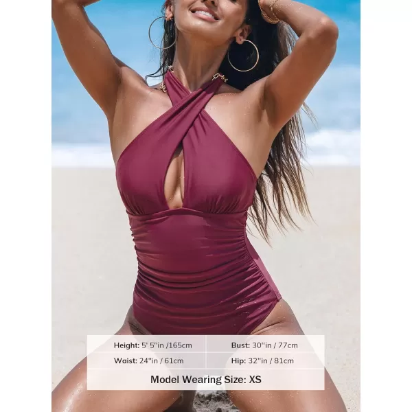 imageCUPSHE Womens One Piece Swimsuit Plunging Neck Tummy Control Ruched Convertible Halter StrapsBrick Red