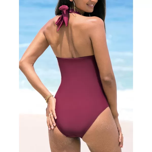 imageCUPSHE Womens One Piece Swimsuit Plunging Neck Tummy Control Ruched Convertible Halter StrapsBrick Red