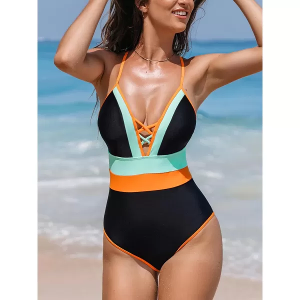 imageCUPSHE Womens One Piece Swimsuit Plunging V Neck Bathing Suit Color Block Spaghetti Straps Crisscross Back TieBlackMint Green