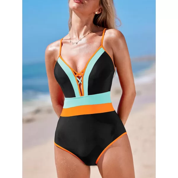 imageCUPSHE Womens One Piece Swimsuit Plunging V Neck Bathing Suit Color Block Spaghetti Straps Crisscross Back TieBlackMint Green