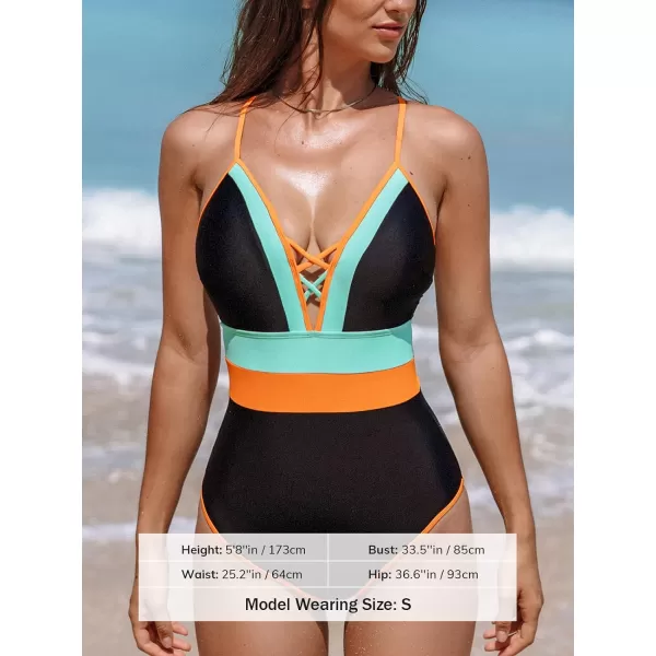 imageCUPSHE Womens One Piece Swimsuit Plunging V Neck Bathing Suit Color Block Spaghetti Straps Crisscross Back TieBlackMint Green