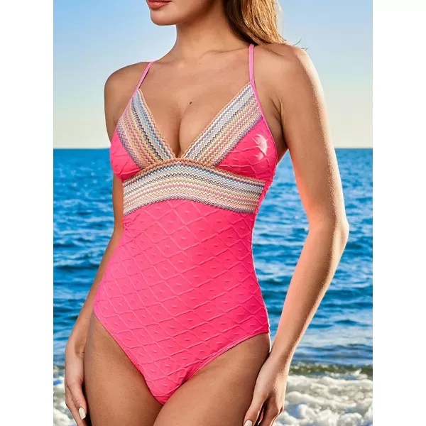 imageCUPSHE Womens One Piece Swimsuit Plunging V Neck Bathing Suit Crisscross Back Tie O Ring Color BlockFlamingo Pink