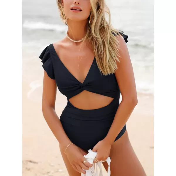 imageCUPSHE Womens One Piece Swimsuit Plunging V Neck Bathing Suit Front Twist Cutout Ruffled Back HookBlack