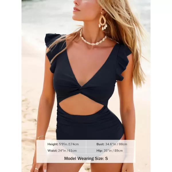 imageCUPSHE Womens One Piece Swimsuit Plunging V Neck Bathing Suit Front Twist Cutout Ruffled Back HookBlack