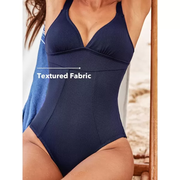 imageCUPSHE Womens One Piece Swimsuit Plunging V Neck Bathing Suit Wide Straps Back Ribbed Twist CutoutNavy Blue