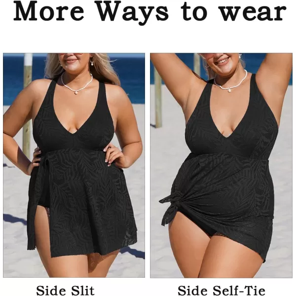 imageCUPSHE Womens One Piece Swimsuit Plus Size Bathing Suit Cross Back Mesh Hollow Out Split Swim Dress Leaf TextureBlack