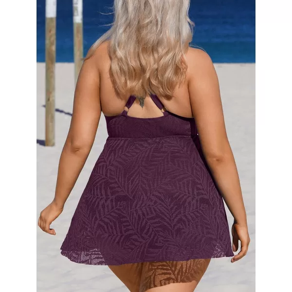 imageCUPSHE Womens One Piece Swimsuit Plus Size Bathing Suit Cross Back Mesh Hollow Out Split Swim Dress Leaf TextureBlackberry Wine
