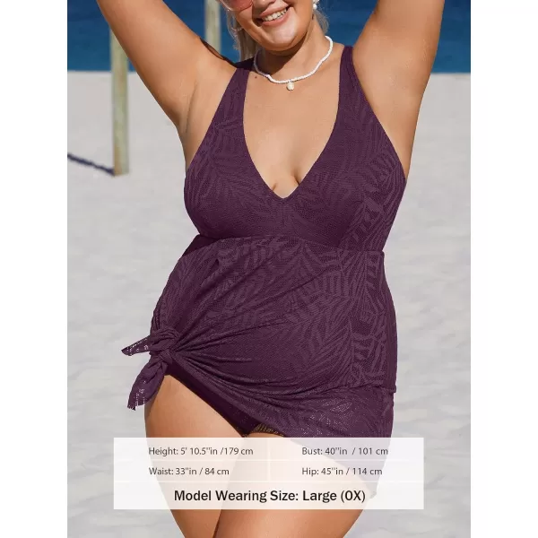 imageCUPSHE Womens One Piece Swimsuit Plus Size Bathing Suit Cross Back Mesh Hollow Out Split Swim Dress Leaf TextureBlackberry Wine