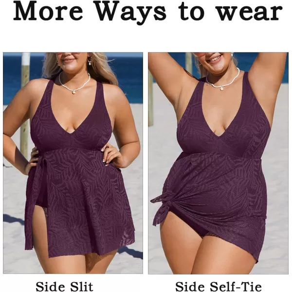 imageCUPSHE Womens One Piece Swimsuit Plus Size Bathing Suit Cross Back Mesh Hollow Out Split Swim Dress Leaf TextureBlackberry Wine