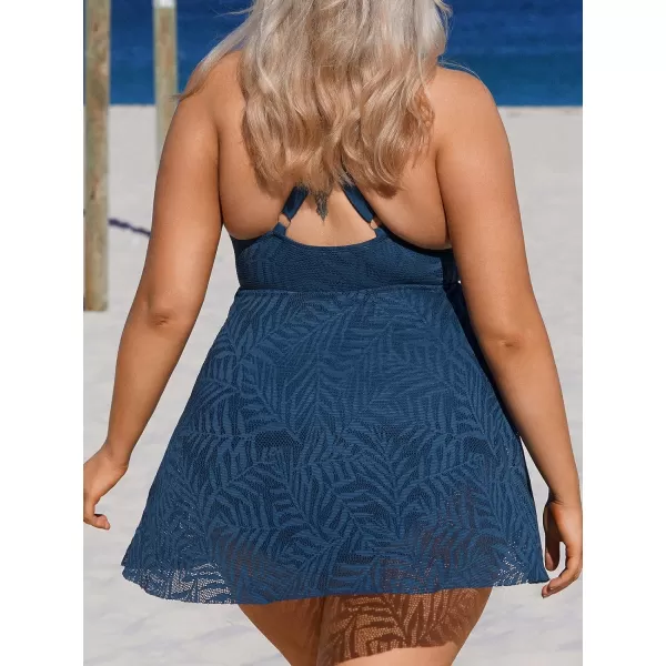 imageCUPSHE Womens One Piece Swimsuit Plus Size Bathing Suit Cross Back Mesh Hollow Out Split Swim Dress Leaf TextureNavy