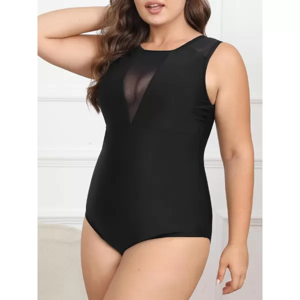 imageCUPSHE Womens One Piece Swimsuit Plus Size Bathing Suit Mesh Crew Neck Swimwear Back TieBlack