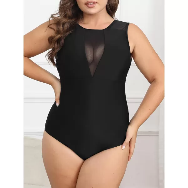 imageCUPSHE Womens One Piece Swimsuit Plus Size Bathing Suit Mesh Crew Neck Swimwear Back TieBlack