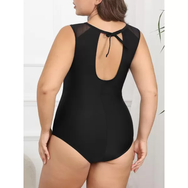 imageCUPSHE Womens One Piece Swimsuit Plus Size Bathing Suit Mesh Crew Neck Swimwear Back TieBlack