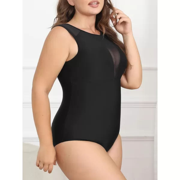 imageCUPSHE Womens One Piece Swimsuit Plus Size Bathing Suit Mesh Crew Neck Swimwear Back TieBlack
