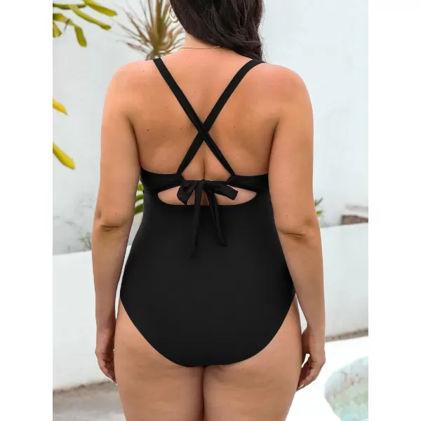imageCUPSHE Womens One Piece Swimsuit Plus Size Bathing Suit Twist Front Cutout Ruched Back Tie SwimwearBlack