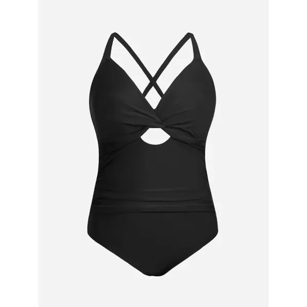 imageCUPSHE Womens One Piece Swimsuit Plus Size Bathing Suit Twist Front Cutout Ruched Back Tie SwimwearBlack