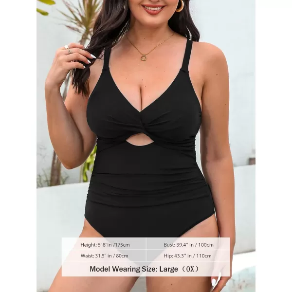 imageCUPSHE Womens One Piece Swimsuit Plus Size Bathing Suit Twist Front Cutout Ruched Back Tie SwimwearBlack