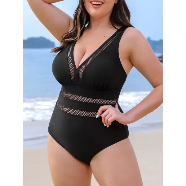 imageCUPSHE Womens One Piece Swimsuit Plus Size Bathing Suit V Neck Hollow Out Mesh SwimwearBlack