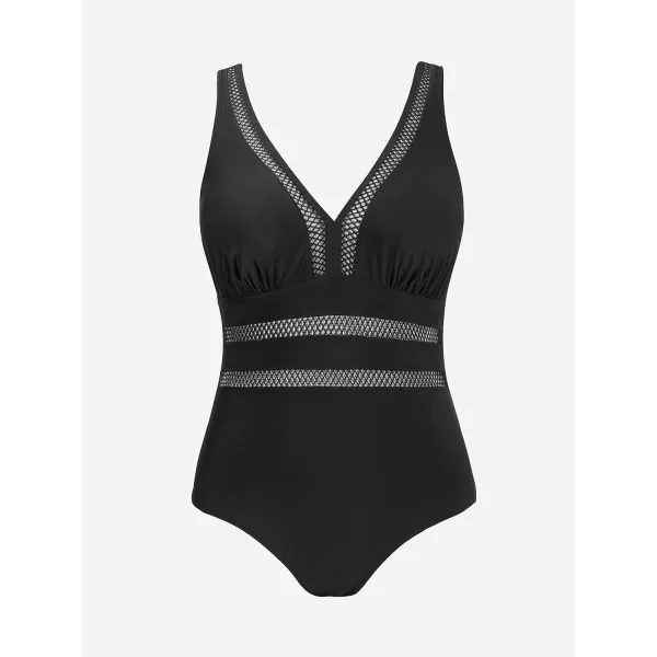 imageCUPSHE Womens One Piece Swimsuit Plus Size Bathing Suit V Neck Hollow Out Mesh SwimwearBlack