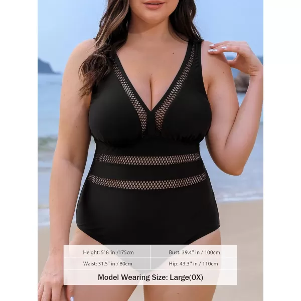 imageCUPSHE Womens One Piece Swimsuit Plus Size Bathing Suit V Neck Hollow Out Mesh SwimwearBlack