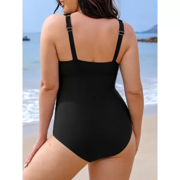 imageCUPSHE Womens One Piece Swimsuit Plus Size Bathing Suit V Neck Hollow Out Mesh SwimwearBlack