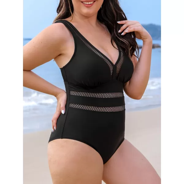 imageCUPSHE Womens One Piece Swimsuit Plus Size Bathing Suit V Neck Hollow Out Mesh SwimwearBlack